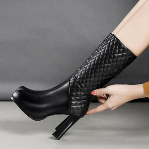 Genuine leather Boots Woman Mid Calf Boot Slim Women Winter Shoes Plush Lining Square Heel Footware Female BLACK PLATFORMS.
