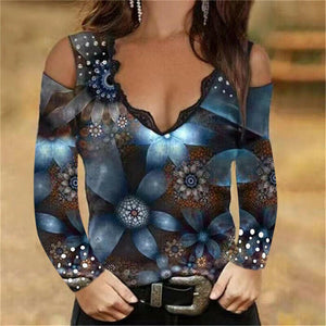 Women Sexy V Neck Off Shoulder Shirts Tops Rose Printed Women&#39;s Long-Sleeved T-Shirt Fashion Casual Slim Street Clothing.