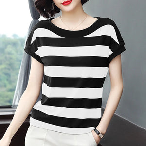 Cotton Black Striped Women Summer Loose T-Shirts.