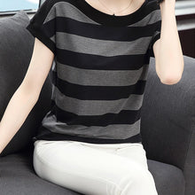 Cargar imagen en el visor de la galería, Cotton Black Striped Women Summer Loose T-Shirts.
