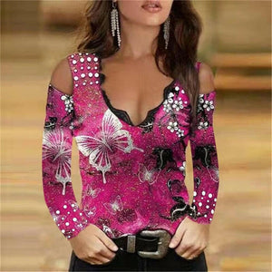 Women Sexy V Neck Off Shoulder Shirts Tops Rose Printed Women&#39;s Long-Sleeved T-Shirt Fashion Casual Slim Street Clothing.