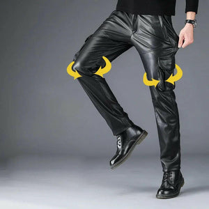 Mcikkny Winter Men's Warm Leather Pants Side Pockets Motorcycle Pu Leather Trousers For Male Fleece Lined Size 29-40.