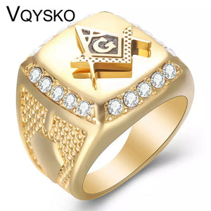 New Arrival Bling CZ Crystal Men Rings With Freemason Masonic Free Mason Signet 316L Stainless Steel Gold Color Jewelry For Men.