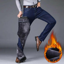 Cargar imagen en el visor de la galería, 2023 Winter New Men&#39;s Warm Slim Fit Jeans Business Fashion Thicken Denim Trousers Fleece Stretch Brand Pants Black Blue.
