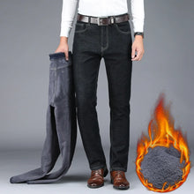 Cargar imagen en el visor de la galería, 2023 Winter New Men&#39;s Warm Jeans Business Fashion Classic Style Black Blue Denim Straight Fleece Thick Pants Male Brand Trousers.
