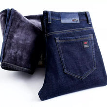 Cargar imagen en el visor de la galería, 2023 Winter New Men&#39;s Warm Slim Fit Jeans Business Fashion Thicken Denim Trousers Fleece Stretch Brand Pants Black Blue.
