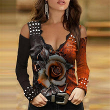 Cargar imagen en el visor de la galería, Women Sexy V Neck Off Shoulder Shirts Tops Rose Printed Women&#39;s Long-Sleeved T-Shirt Fashion Casual Slim Street Clothing.
