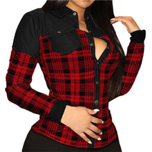 Load image into Gallery viewer, Women Shirt Plaid Printing Solid Color Slim Faux Leather Cool V Neck Blouse for Daily Wear.
