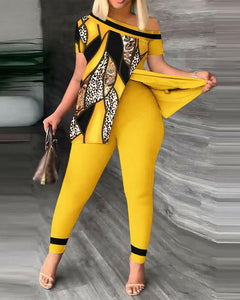 Suit Fashion Printing Short Sleeve Patchwork Top Calf Pants Casual Temperament Commuter Women&#39;s Two-piece Suit.