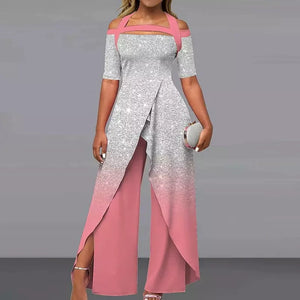 Fashion Sexy Off-shoulder Printed Wide-leg Pants Jumpsuit Streetwear Casual Mid Waist Hollow Out Summer Elegant Straight Rompers