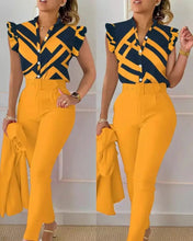 Cargar imagen en el visor de la galería, Summer Fashion Print 2 Piece Set Women Casual Button Flying Sleeve Shirt Pants Suits Female V-Neck Top High Waist Pants Outifits.
