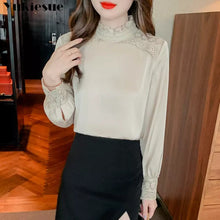 Load image into Gallery viewer, Korean Solid Vintage Fashion Temperament Spring Autumn New Shirts Commuter Cutout Lace Panel Standing Collar Chiffon Shirt Women.

