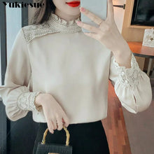 Load image into Gallery viewer, Korean Solid Vintage Fashion Temperament Spring Autumn New Shirts Commuter Cutout Lace Panel Standing Collar Chiffon Shirt Women.
