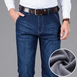 Classic Style Winter Men's Warm Business Jeans Fashion Casual Denim Stretch Cotton Thick Fleece Denim Pants Male Brand Trousers.