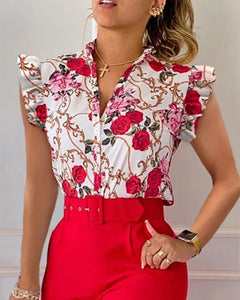 Casual V Neck Floral Print Shirt Blouse Office Lady.