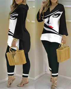 Spring Summer Streetwear Printed 2 Piece Sets Casual V Neck Long Sleeves Pullovers Pants Sets New Elegant Fashion Office Suits.