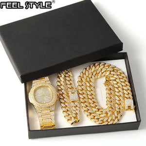 Necklace +Watch+Bracelet Hip Hop Miami Curb Cuban Chain Gold Plated Full Iced Out Paved Rhinestones CZ Bling For Men Jewelry.