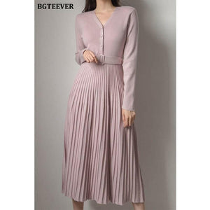 BGTEEVER Elegant V-neck Single-breasted Women Thicken Sweater Dress 2021 Autumn Winter Knitted Belted Female A-line soft dresses.