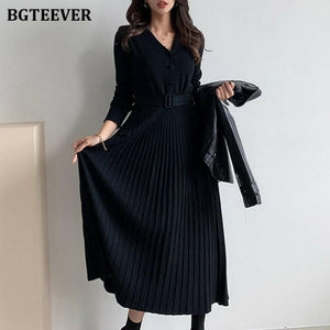 BGTEEVER Elegant V-neck Single-breasted Women Thicken Sweater Dress 2021 Autumn Winter Knitted Belted Female A-line soft dresses.