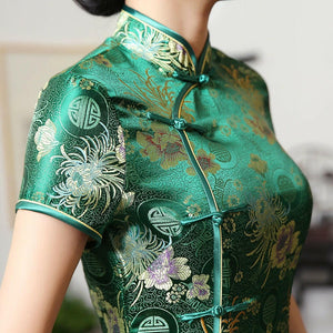 New High Fashion Green Rayon Cheongsam Chinese Classic Women&#39;s Qipao Elegant Short Sleeve Novelty Long Dress S-3XL C0136-D.