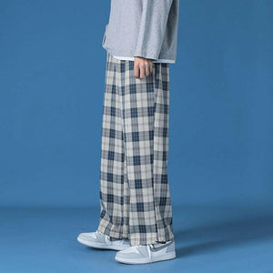 Men New  Polyester Loose Japan Harajuku style Grid Wide Pants Men Casual Drawstring Elastic Leg opening Ankle Length Pants Men.
