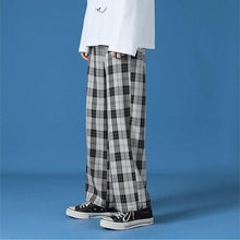 Cargar imagen en el visor de la galería, Men New  Polyester Loose Japan Harajuku style Grid Wide Pants Men Casual Drawstring Elastic Leg opening Ankle Length Pants Men.

