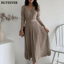 Load image into Gallery viewer, BGTEEVER Elegant V-neck Single-breasted Women Thicken Sweater Dress 2021 Autumn Winter Knitted Belted Female A-line soft dresses.
