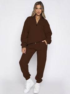 Women's new solid color stand-up collar zipper pullover long-sleeved sweatshirt and trousers suit